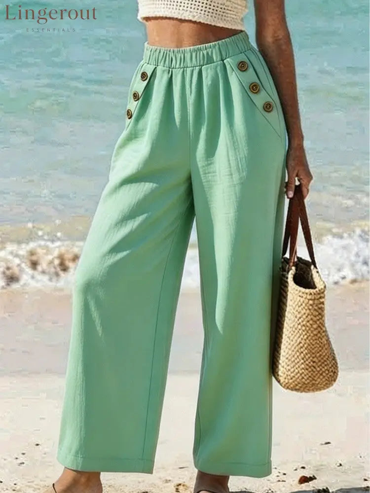 Casual High Waist Button Wide Leg Pants - Green / S