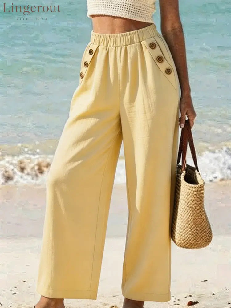 Casual High Waist Button Wide Leg Pants - Yellow / S