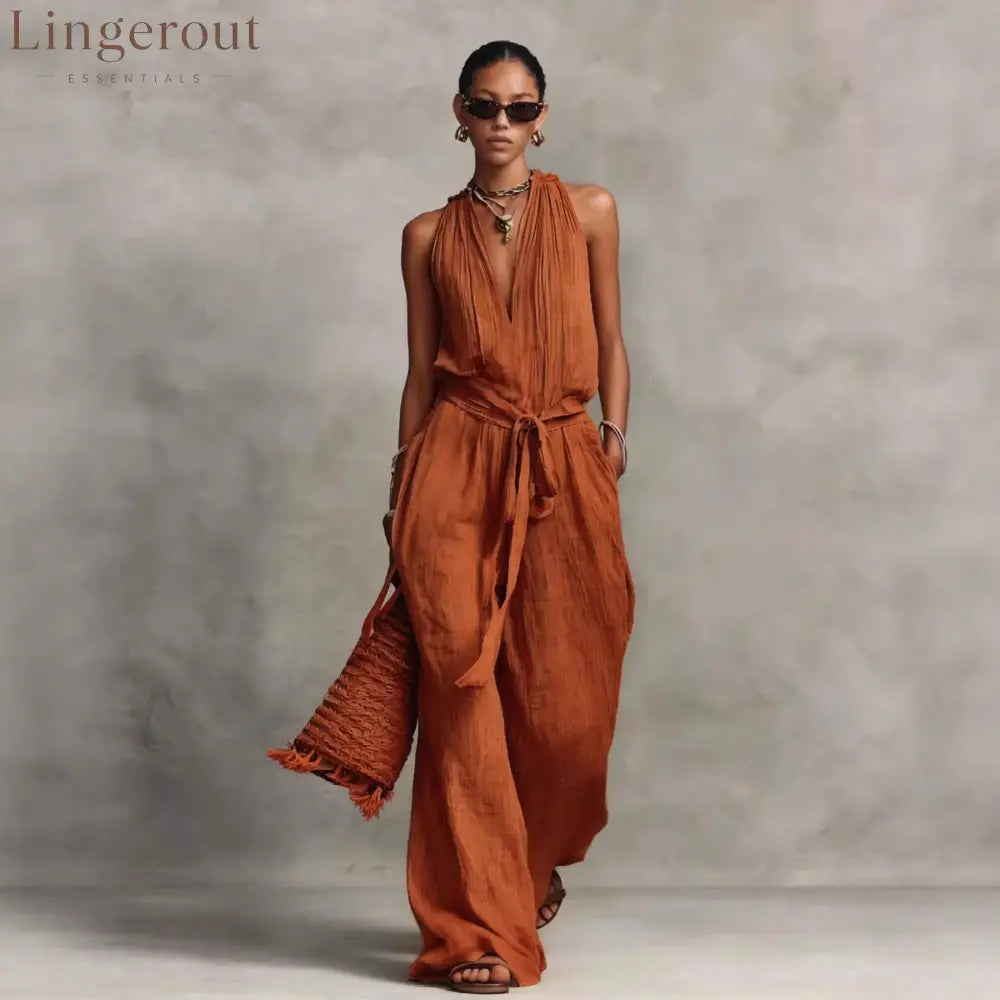Casual Lace-Up Sleeveless Cotton Blend Jumpsuit