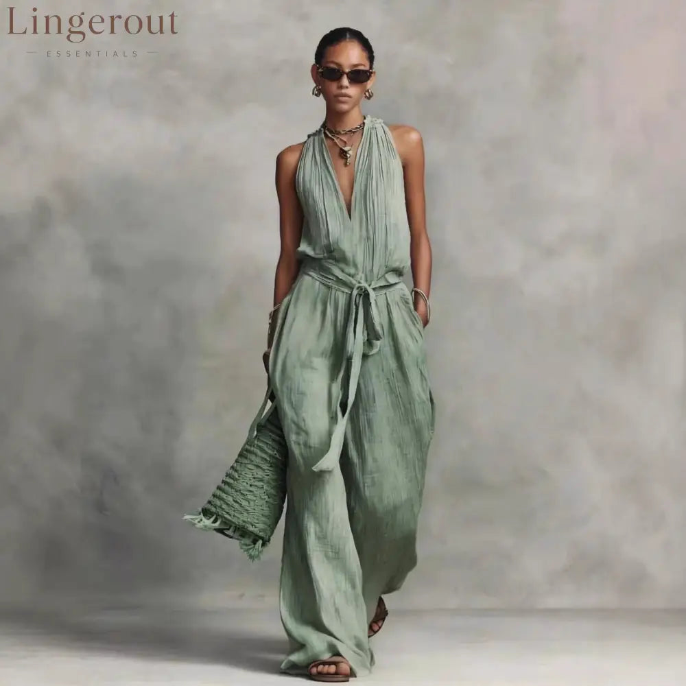 Casual Lace-Up Sleeveless Cotton Blend Jumpsuit