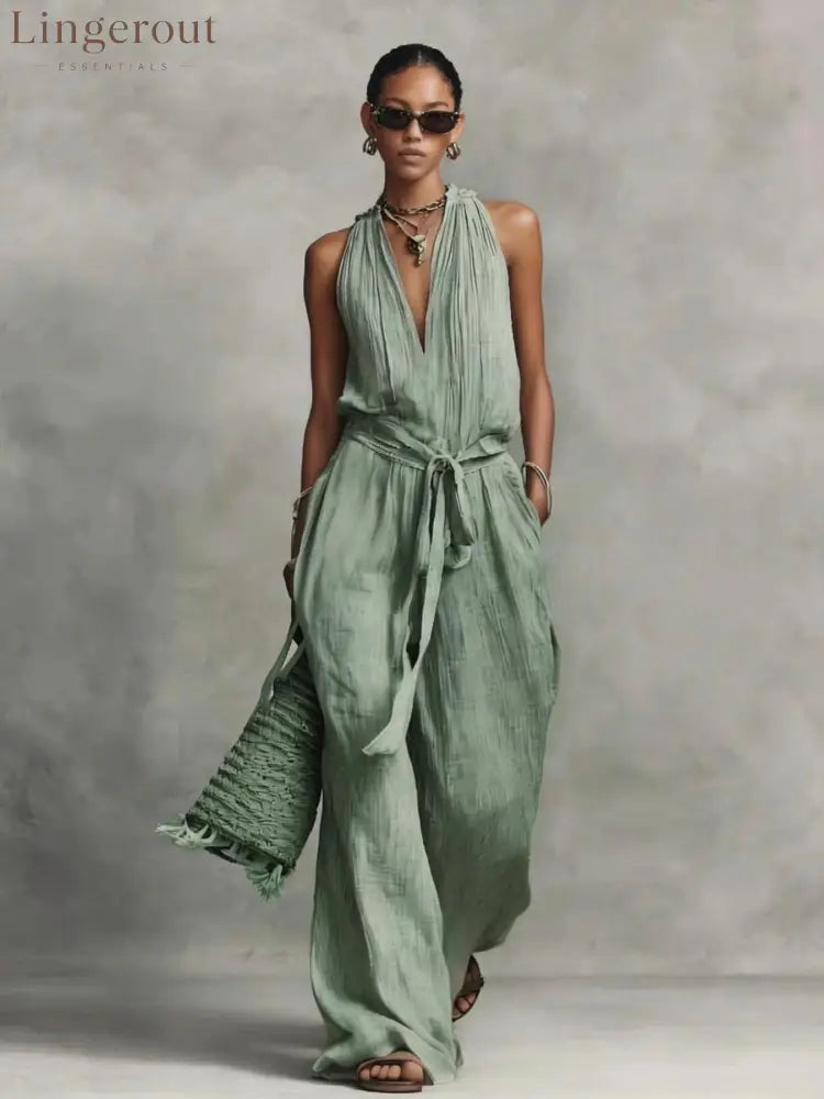 Casual Lace-Up Sleeveless Cotton Blend Jumpsuit - Blue / S
