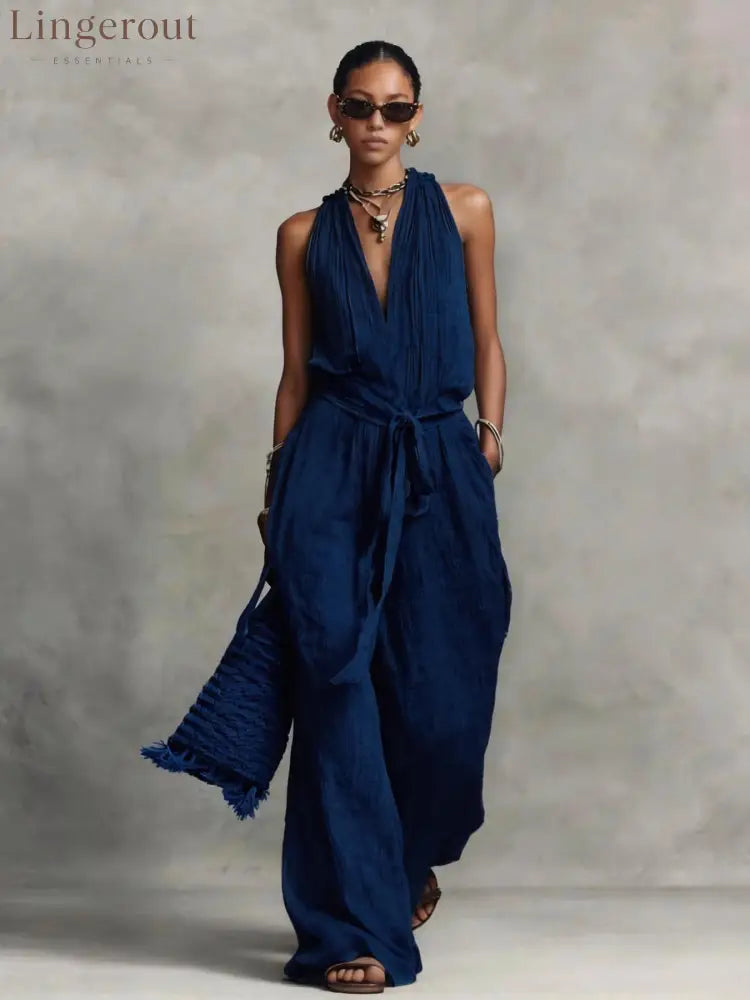 Casual Lace-Up Sleeveless Cotton Blend Jumpsuit - Navy blue / S