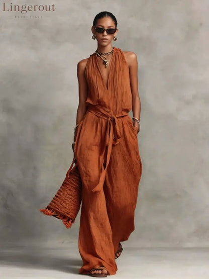 Casual Lace-Up Sleeveless Cotton Blend Jumpsuit - Orange red / S
