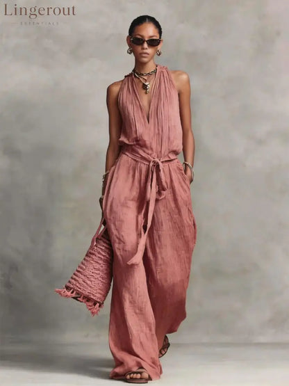 Casual Lace-Up Sleeveless Cotton Blend Jumpsuit - Pink / S