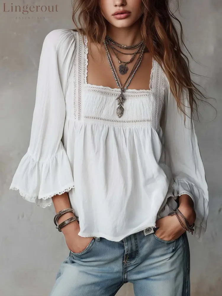 Casual Linen And Cotton Top With Lace Paneling