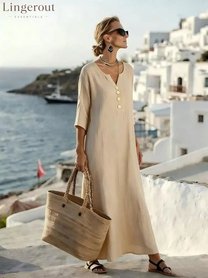 Casual Linen Blend V-Neck Maxi Dress - Apricot / S