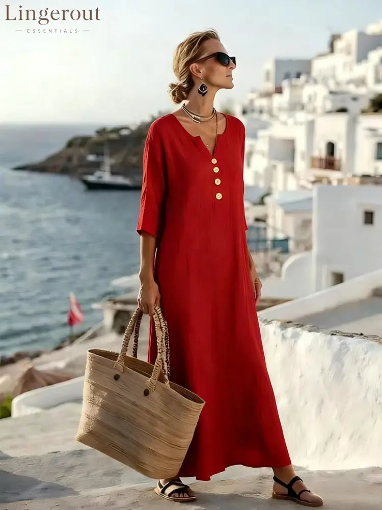 Casual Linen Blend V-Neck Maxi Dress - Red / S