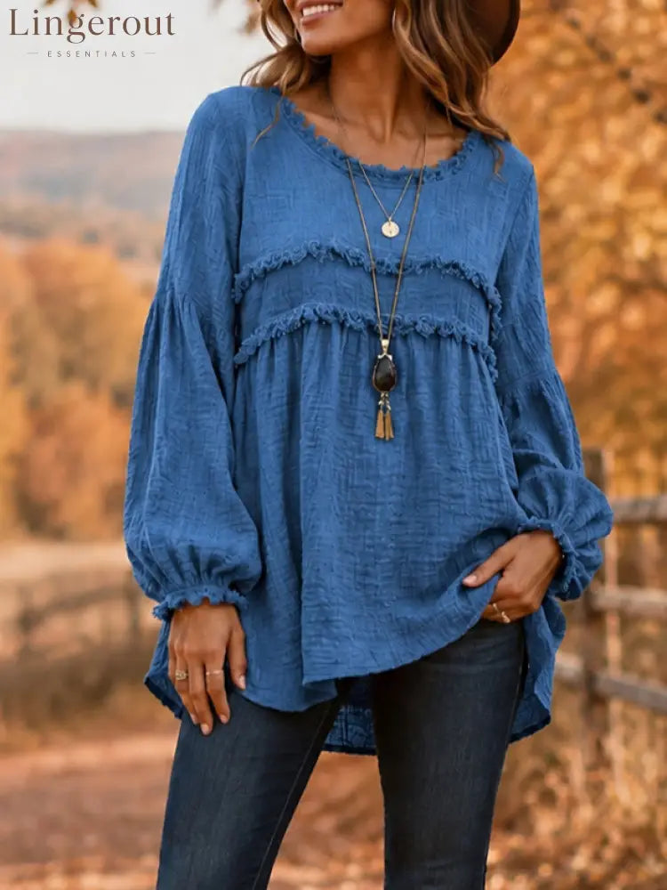 Casual Long Sleeve Fringe Tassel Top - Blue / S
