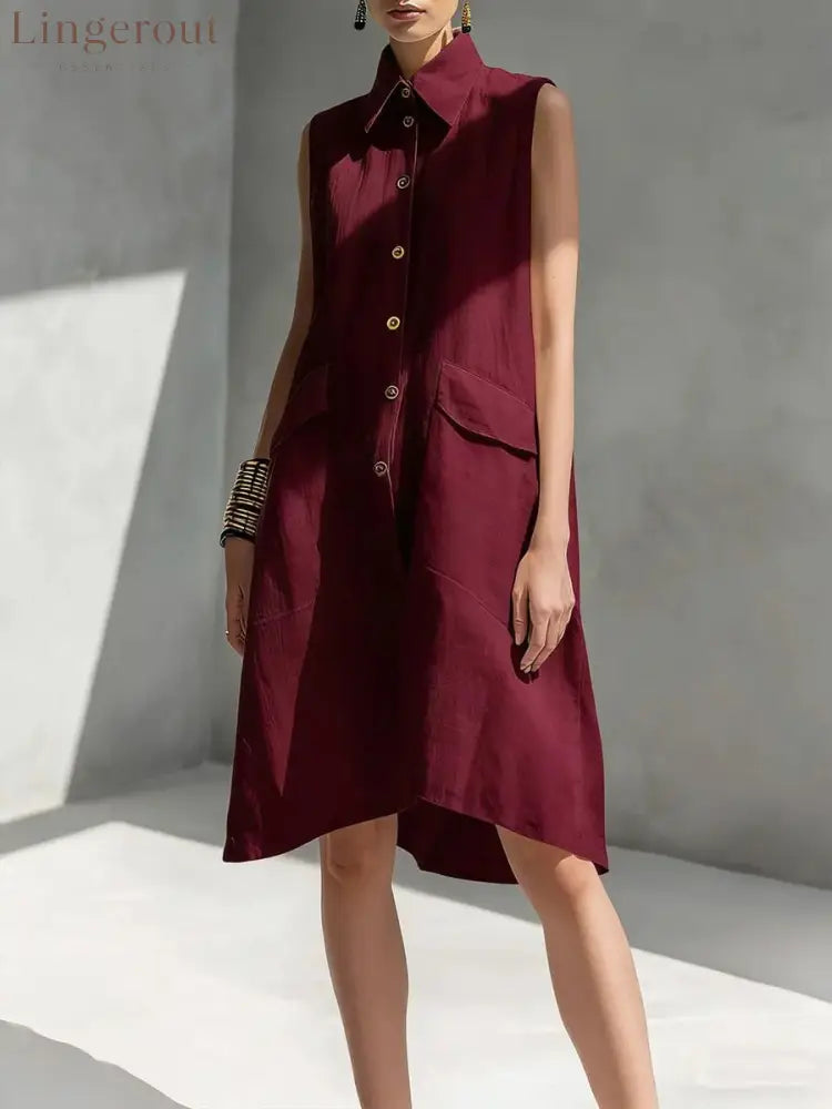 Casual Loose Fit Midi Dress for Women (Multi-Color) - Burgundy / S