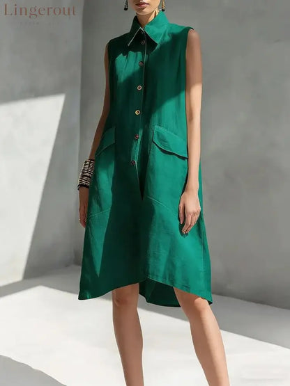 Casual Loose Fit Midi Dress for Women (Multi-Color) - Green / S