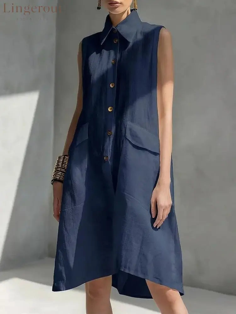 Casual Loose Fit Midi Dress for Women (Multi-Color) - Navy blue / S
