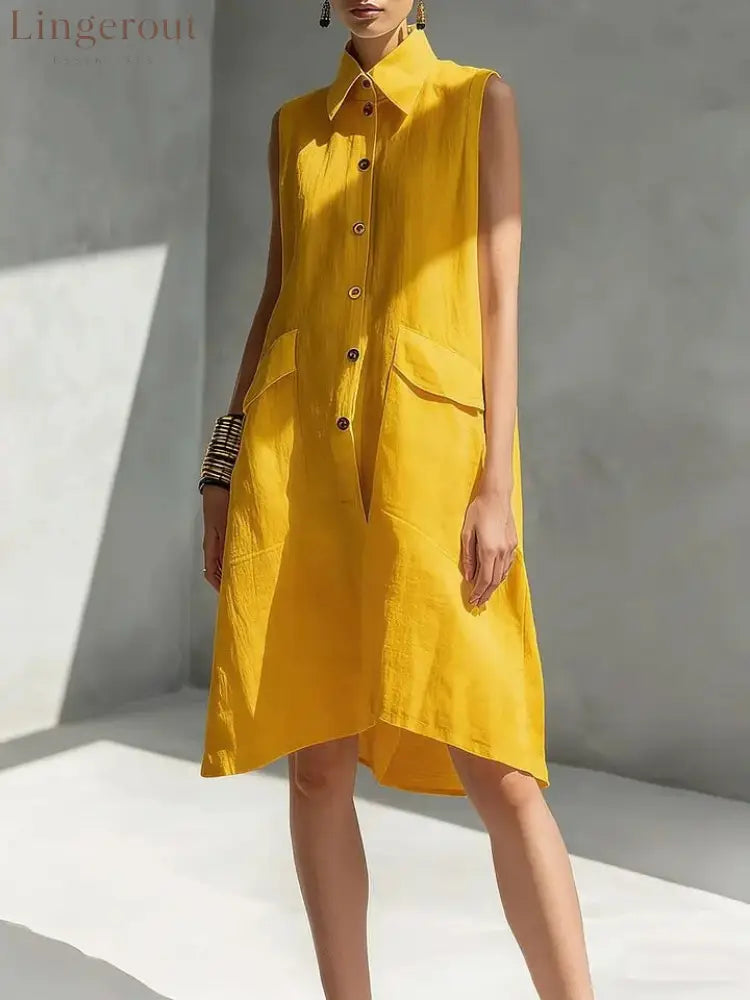 Casual Loose Fit Midi Dress for Women (Multi-Color) - Yellow / S