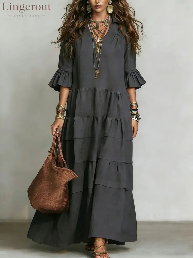 Casual Loose-fitting Linen And Cotton Half Sleeves Dress - Black / S