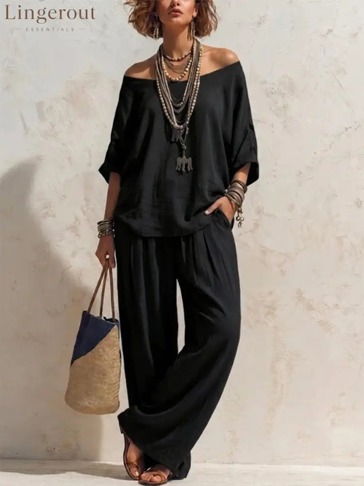 Casual Loose-fitting Linen Set With Three-quarter Sleeve Top And Wide-leg Trousers - Black / S