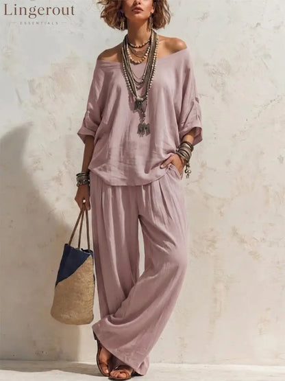 Casual Loose-fitting Linen Set With Three-quarter Sleeve Top And Wide-leg Trousers - Pink / S