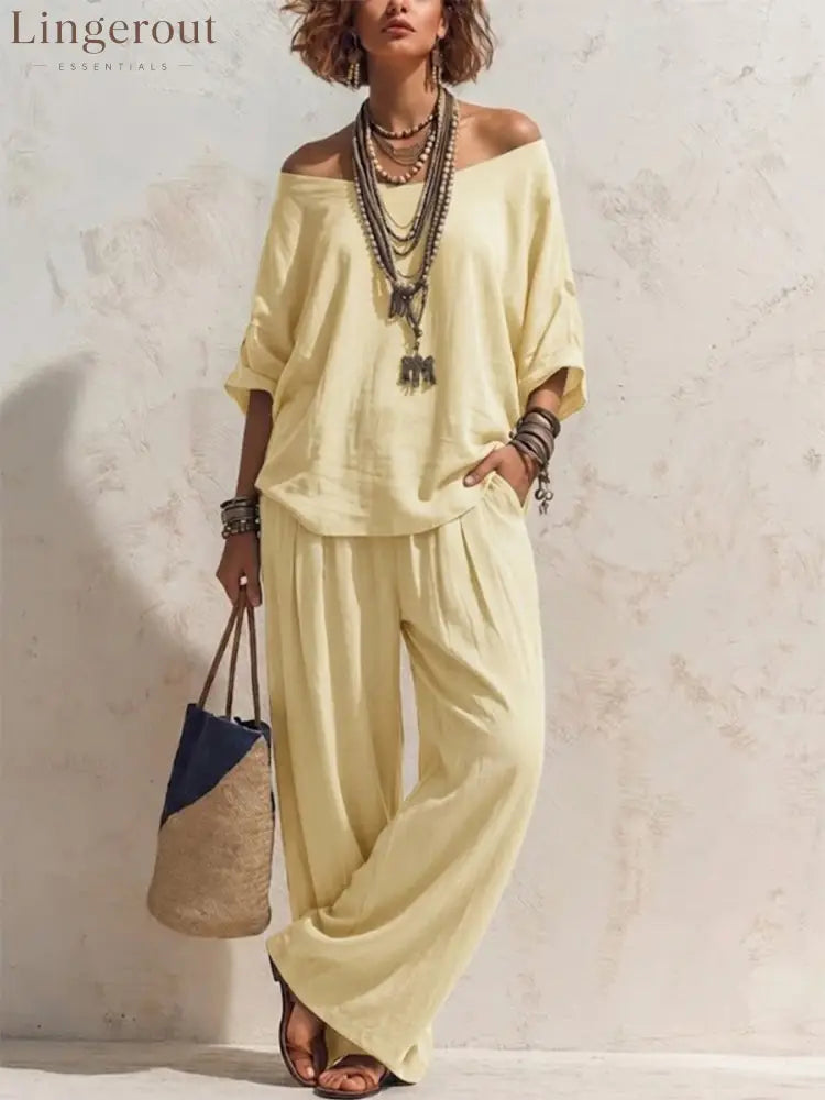 Casual Loose-fitting Linen Set With Three-quarter Sleeve Top And Wide-leg Trousers - Yellow / S