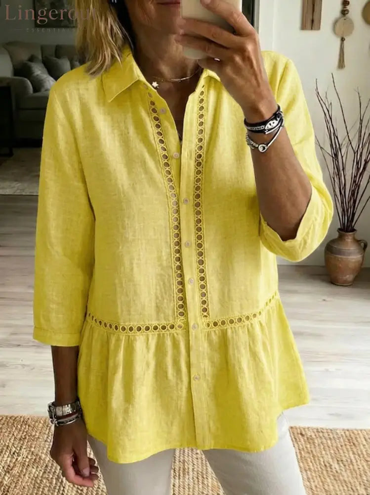Casual Patchwork Openwork Webbing Linen And Cotton Shirt - Lemon / S
