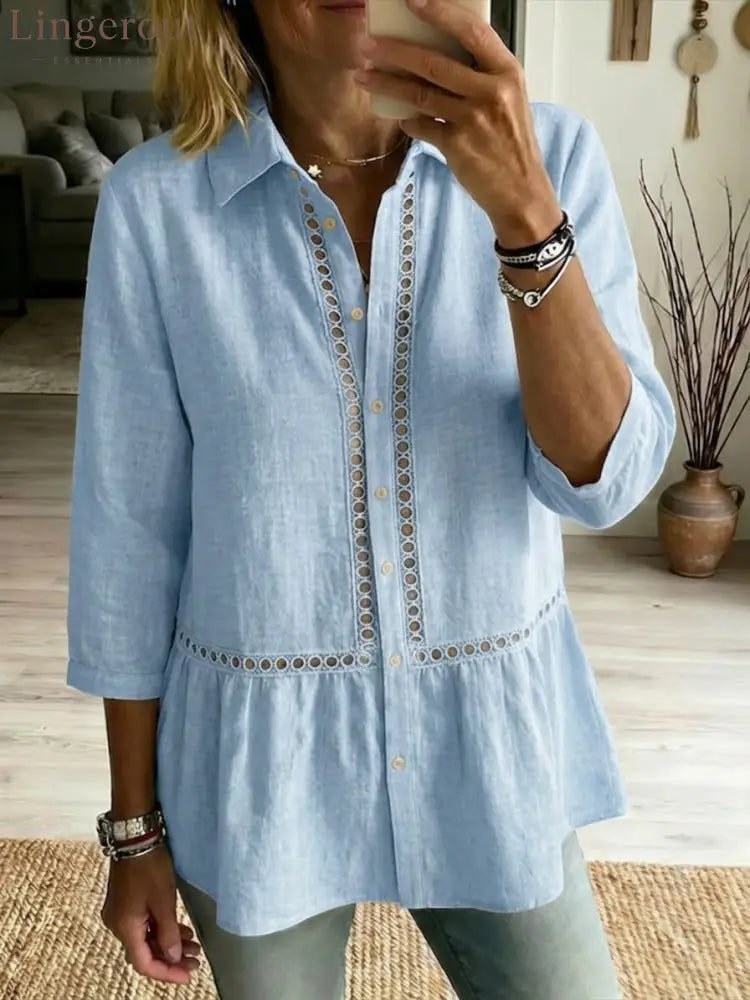 Casual Patchwork Openwork Webbing Linen And Cotton Shirt - LightBlue / S