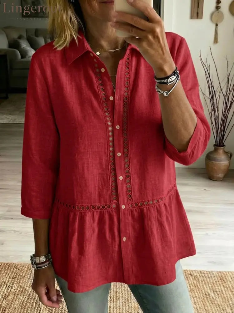 Casual Patchwork Openwork Webbing Linen And Cotton Shirt - Red / S