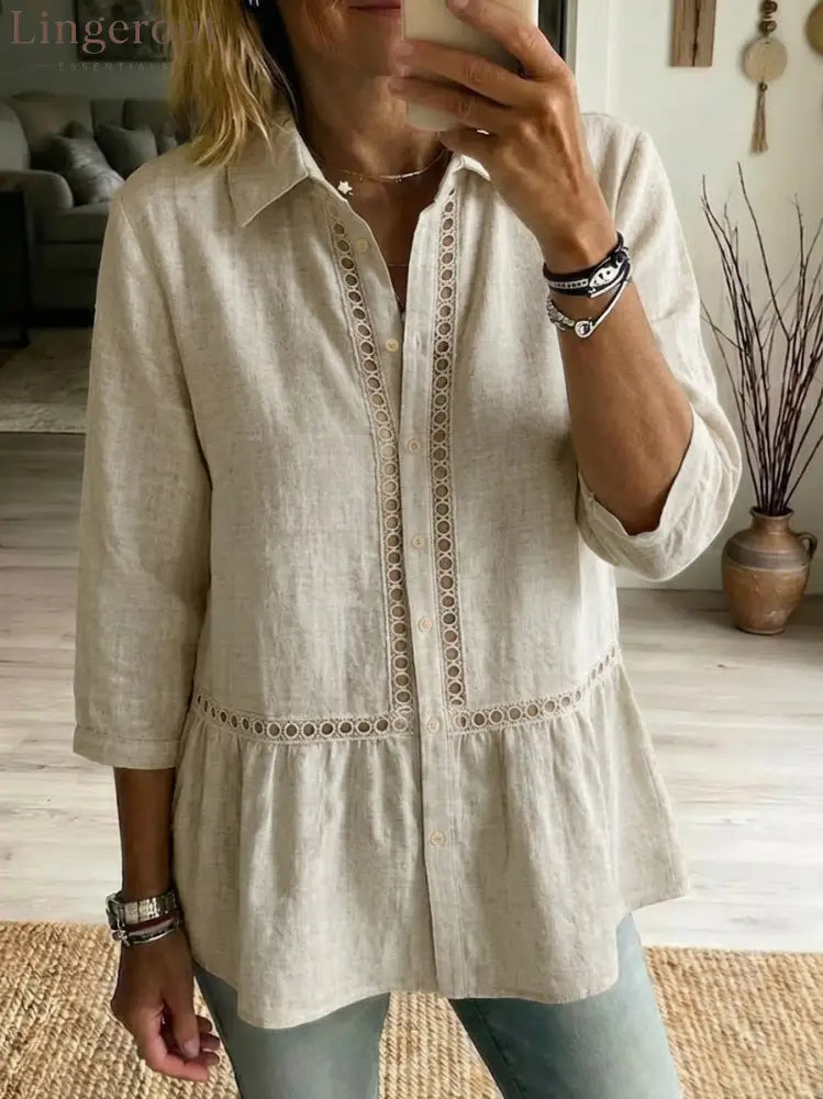 Casual Patchwork Openwork Webbing Linen And Cotton Shirt - Sand / S