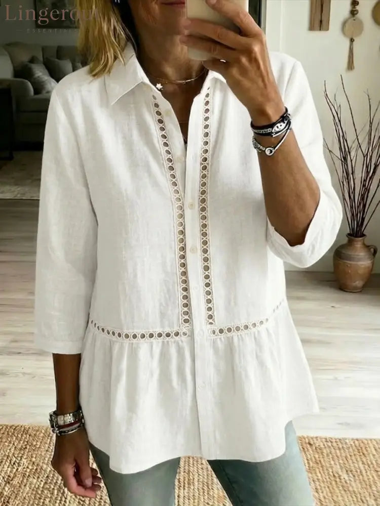 Casual Patchwork Openwork Webbing Linen And Cotton Shirt - White / S