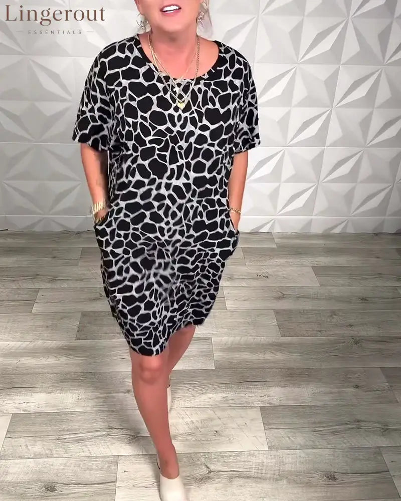 Casual Printed Crew Neck Dress - Black / S