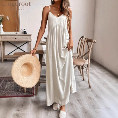 Casual Relaxed Fit Sleeveless Linen Midi Maxi Dress