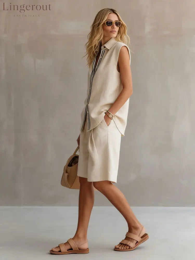 Casual Retro Apricot Cotton Linen Sleeveless Striped Shirt And Shorts Set
