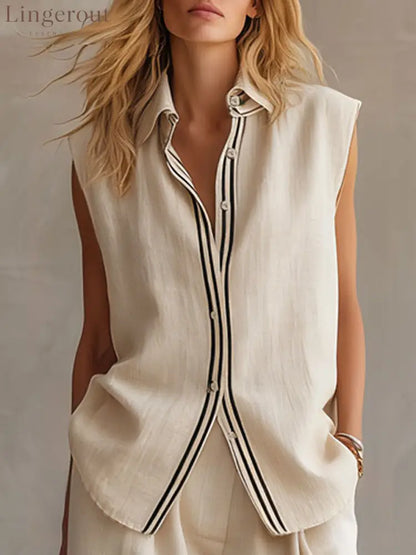 Casual Retro Apricot Cotton Linen Sleeveless Striped Shirt And Shorts Set