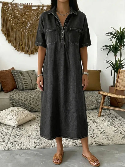 Casual Short-sleeved Polo Collar Denim Dress - Black / S
