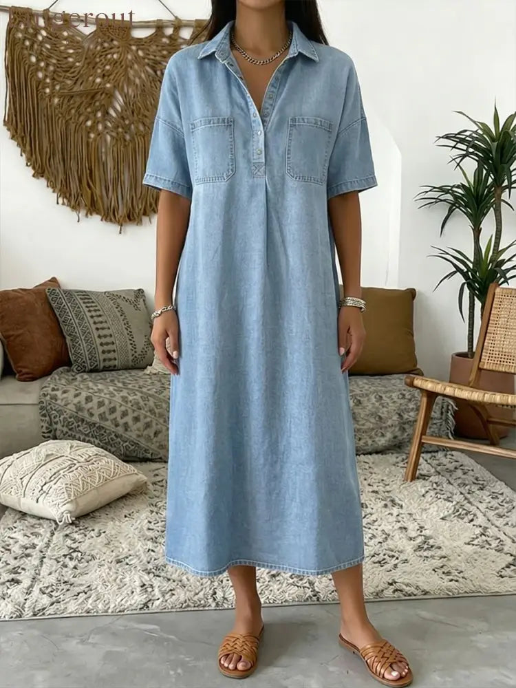 Casual Short-sleeved Polo Collar Denim Dress - Light Blue / S