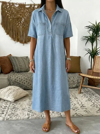 Casual Short-sleeved Polo Collar Denim Dress - Light Blue / S