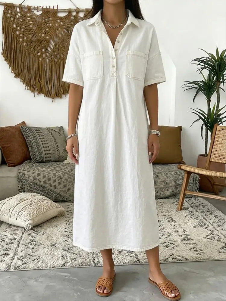 Casual Short-sleeved Polo Collar Denim Dress - White / S
