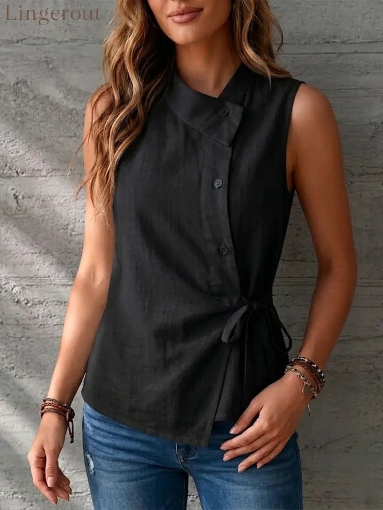 Casual Sleeveless Linen And Cotton Top - Black / S