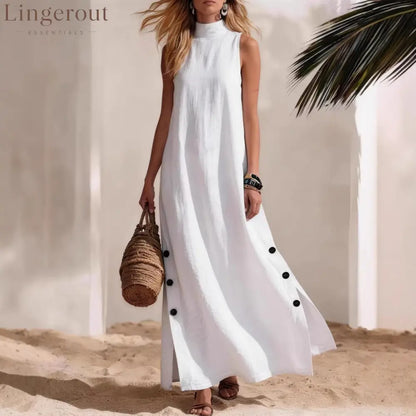 Casual Solid Color Cotton And Linen Sleeveless Side Slit Maxi Dress - Dresses