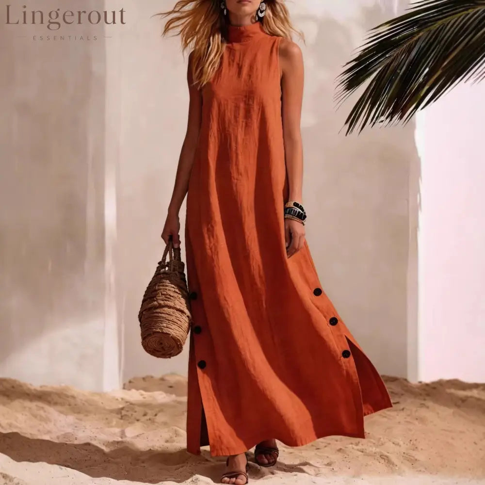 Casual Solid Color Cotton And Linen Sleeveless Side Slit Maxi Dress - Dresses