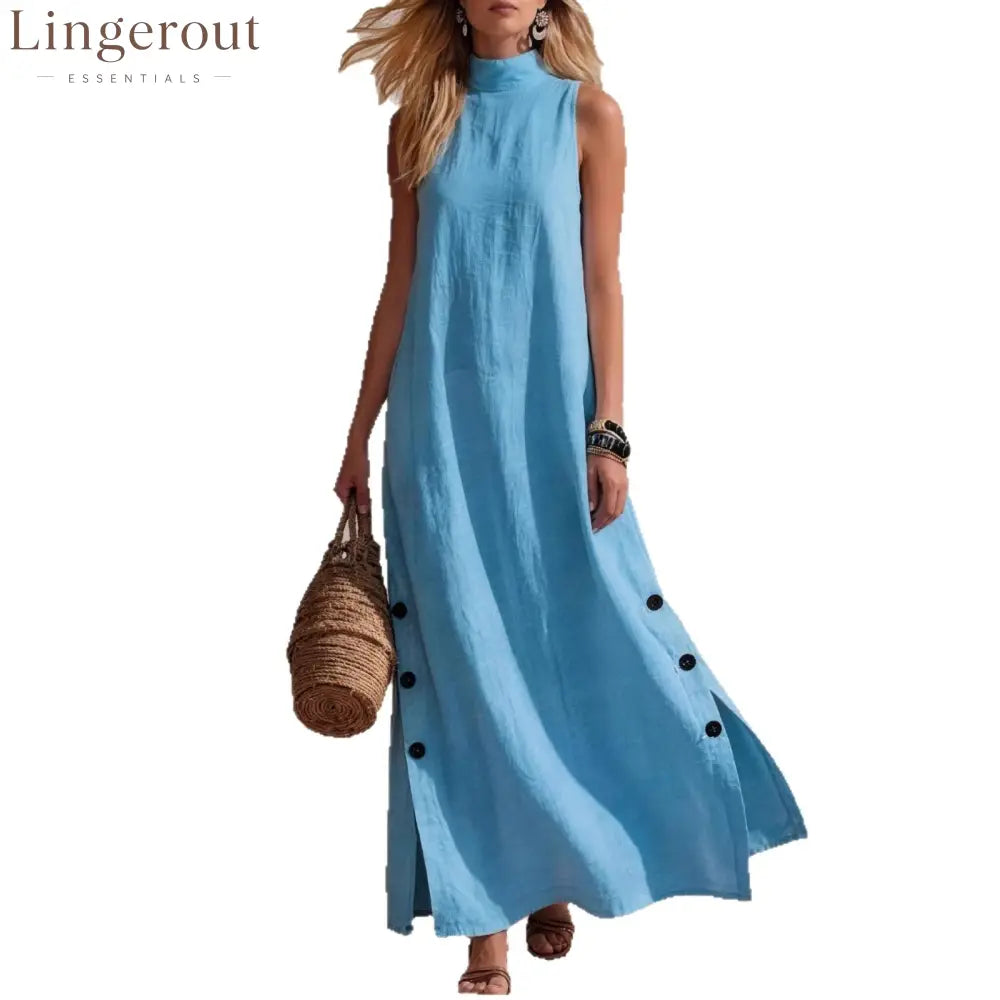 Casual Solid Color Cotton And Linen Sleeveless Side Slit Maxi Dress - Dresses