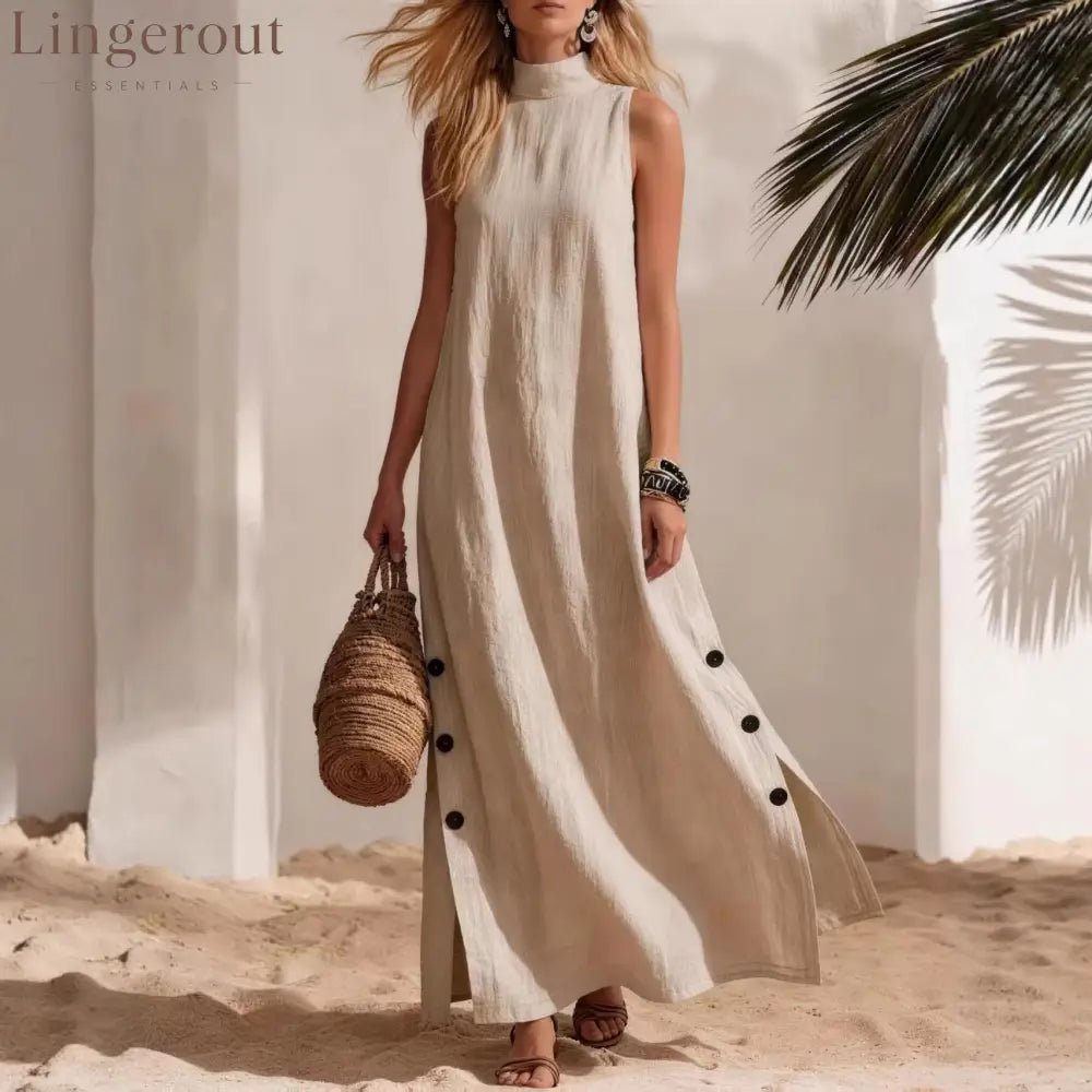 Casual Solid Color Cotton And Linen Sleeveless Side Slit Maxi Dress - Dresses