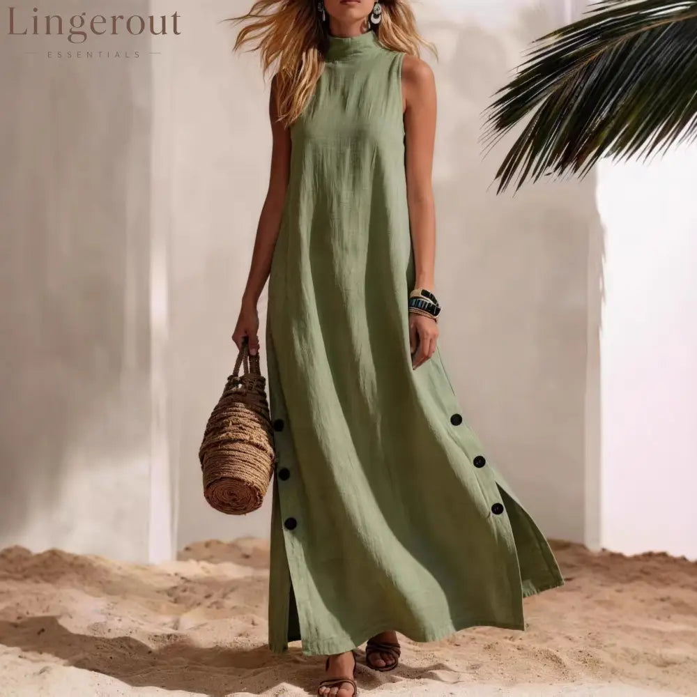 Casual Solid Color Cotton And Linen Sleeveless Side Slit Maxi Dress - Dresses