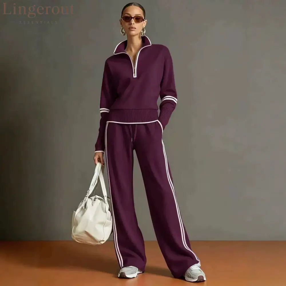 Casual Sports Suit Contrasting Color Stand-Up Collar Sweatshirt Wide-Leg Pants Suit