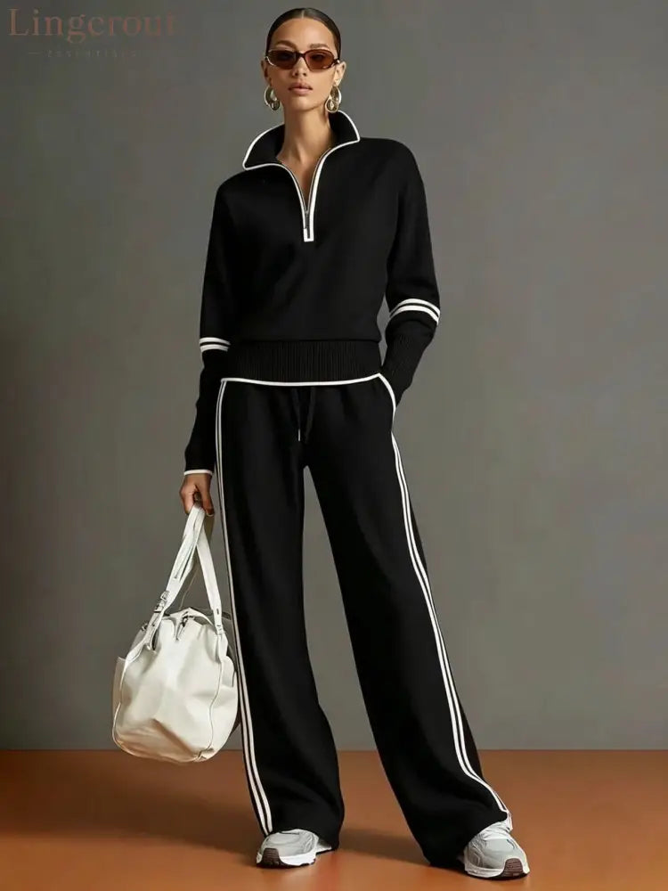 Casual Sports Suit Contrasting Color Stand-Up Collar Sweatshirt Wide-Leg Pants Suit - Black / S