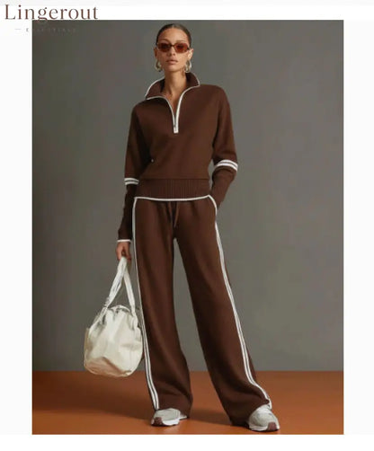 Casual Sports Suit Contrasting Color Stand-Up Collar Sweatshirt Wide-Leg Pants Suit - Brown / S
