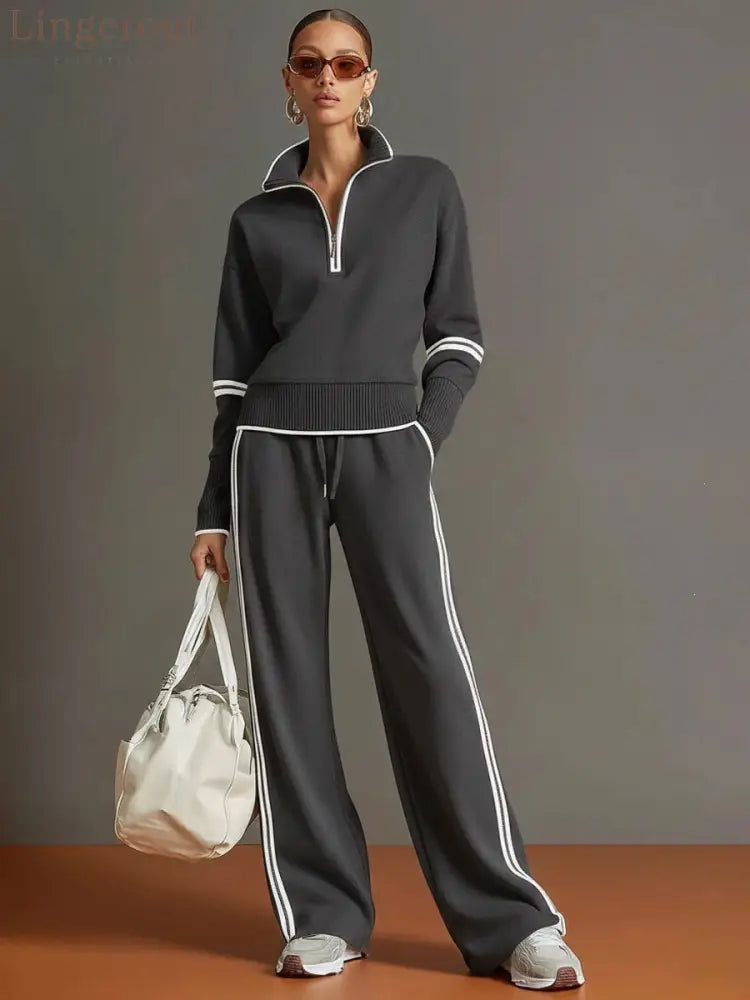 Casual Sports Suit Contrasting Color Stand-Up Collar Sweatshirt Wide-Leg Pants Suit - Grey / S