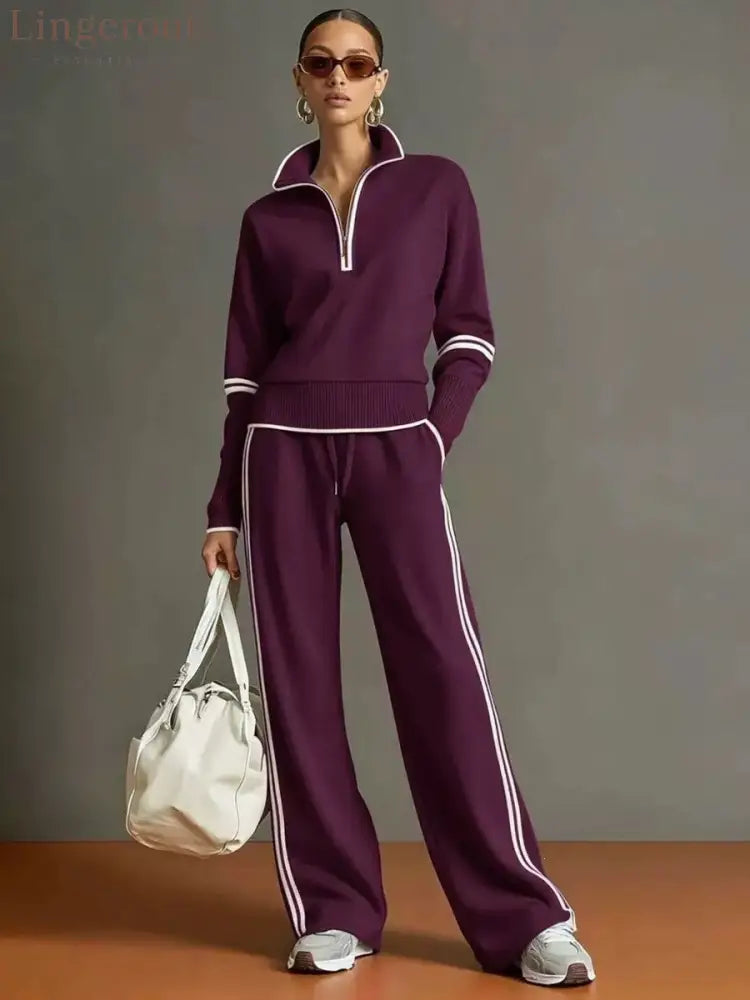 Casual Sports Suit Contrasting Color Stand-Up Collar Sweatshirt Wide-Leg Pants Suit - Purple / S