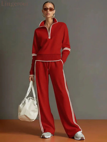 Casual Sports Suit Contrasting Color Stand-Up Collar Sweatshirt Wide-Leg Pants Suit - Red / S