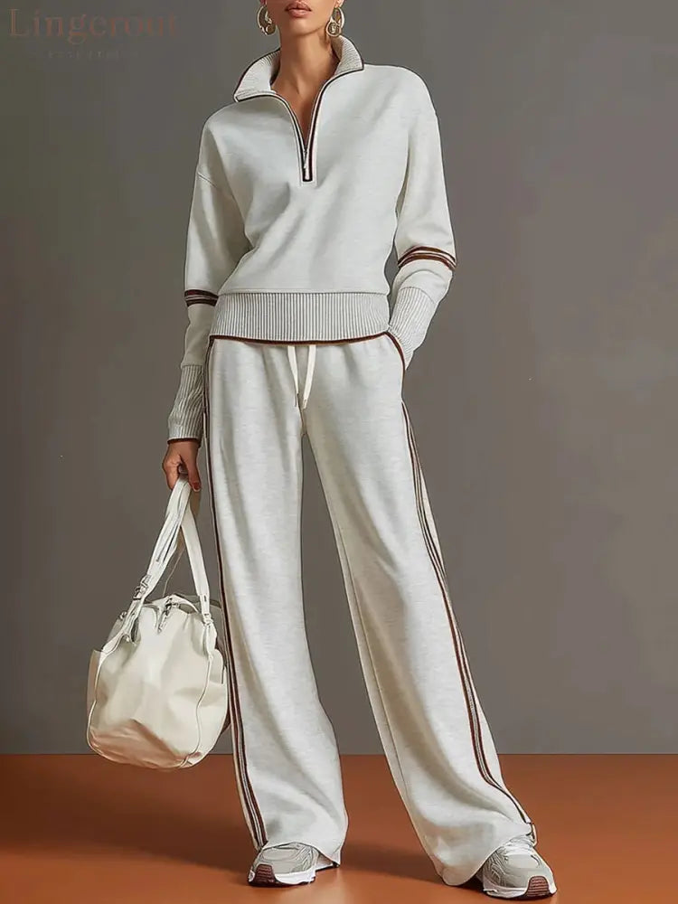Casual Sports Suit Contrasting Color Stand-Up Collar Sweatshirt Wide-Leg Pants Suit - White / S