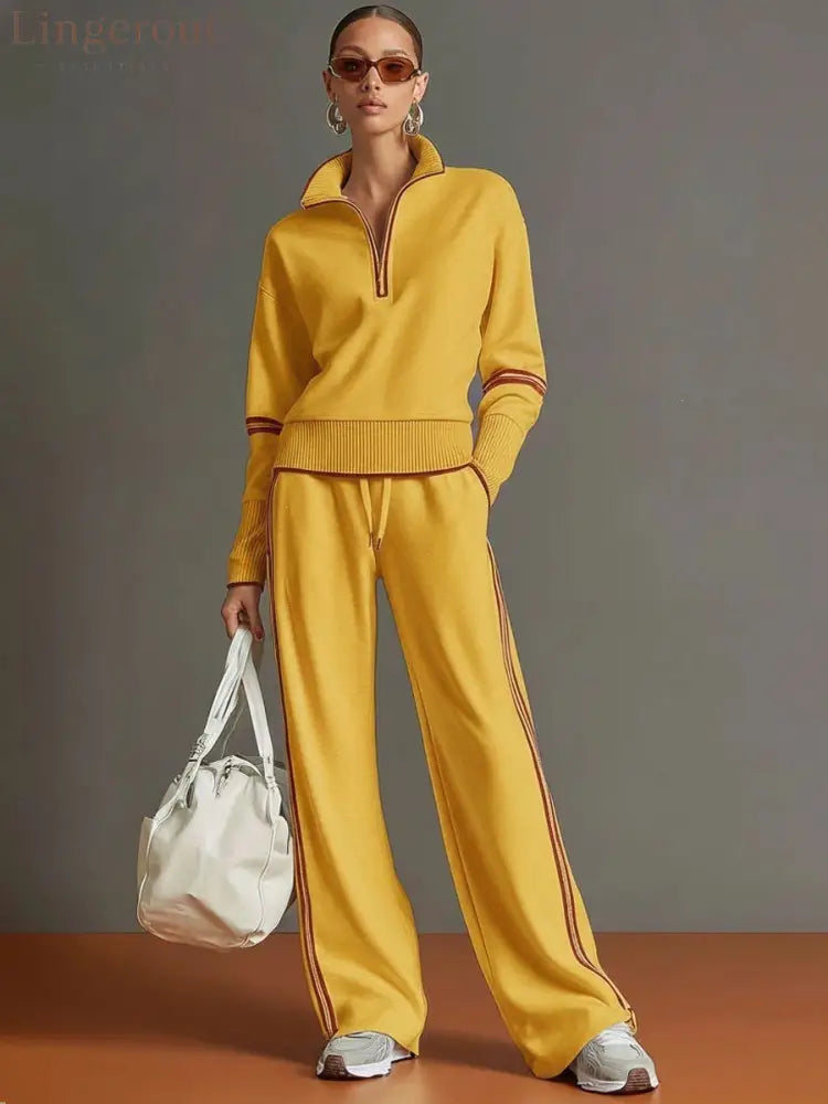 Casual Sports Suit Contrasting Color Stand-Up Collar Sweatshirt Wide-Leg Pants Suit - Yellow / S