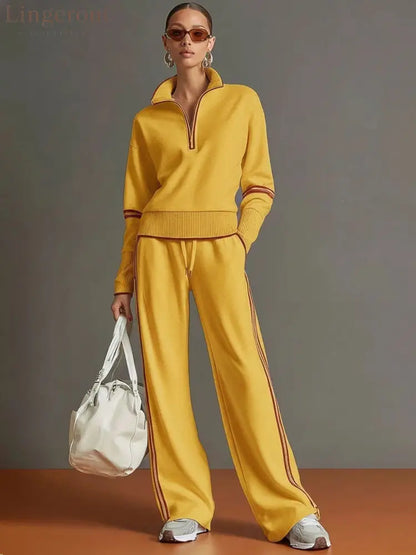 Casual Sports Suit Contrasting Color Stand-Up Collar Sweatshirt Wide-Leg Pants Suit - Yellow / S
