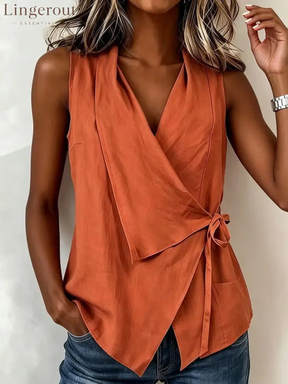 Casual Tie Waist Asymmetrical Top - Orange / S