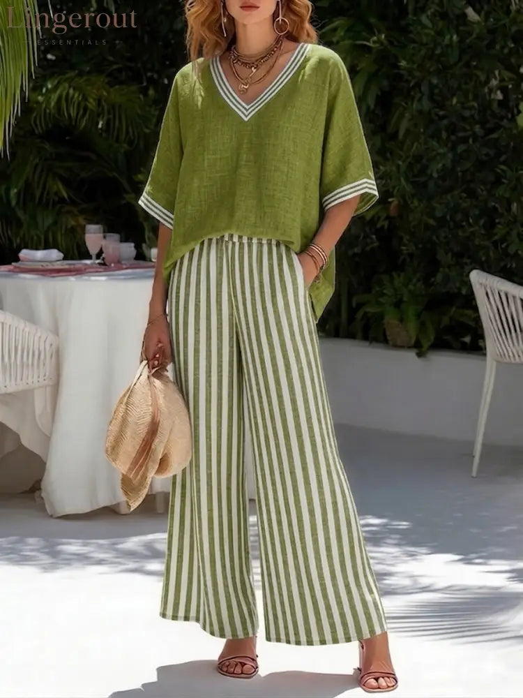 Casual Two-piece Set: Striped Linen & Cotton Patchwork Top And Striped Trousers - Olive / S